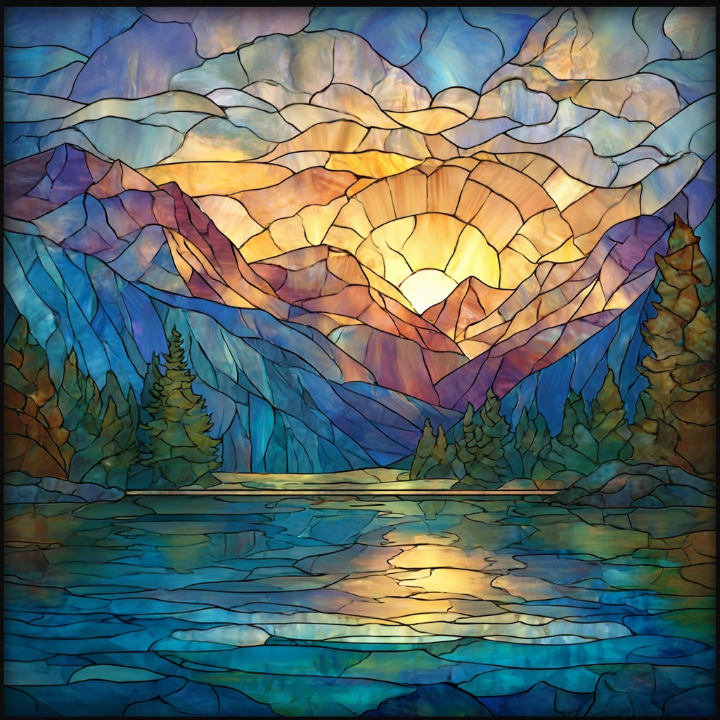 A peaceful stained glass scene of a mountain lake and forest